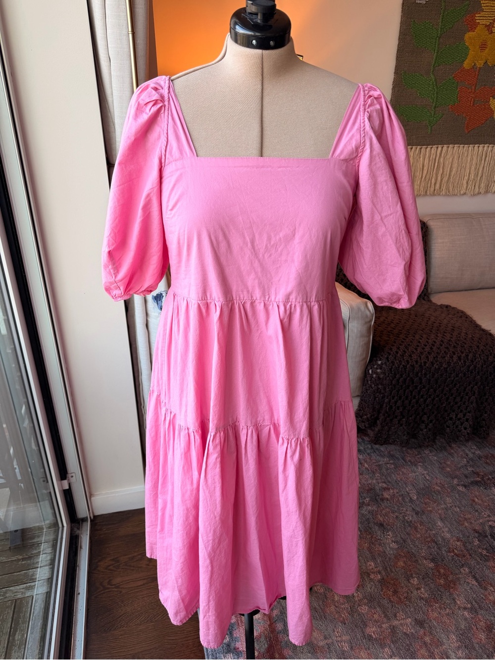 Moon River Pink Tiered Puff Sleeve Tie Back Midi Dress